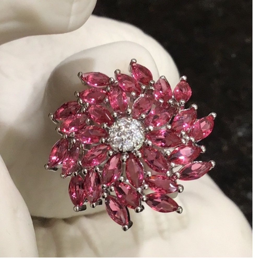 Large Sterling Silver Tourmaline & CZ Floral Ring size 7 New